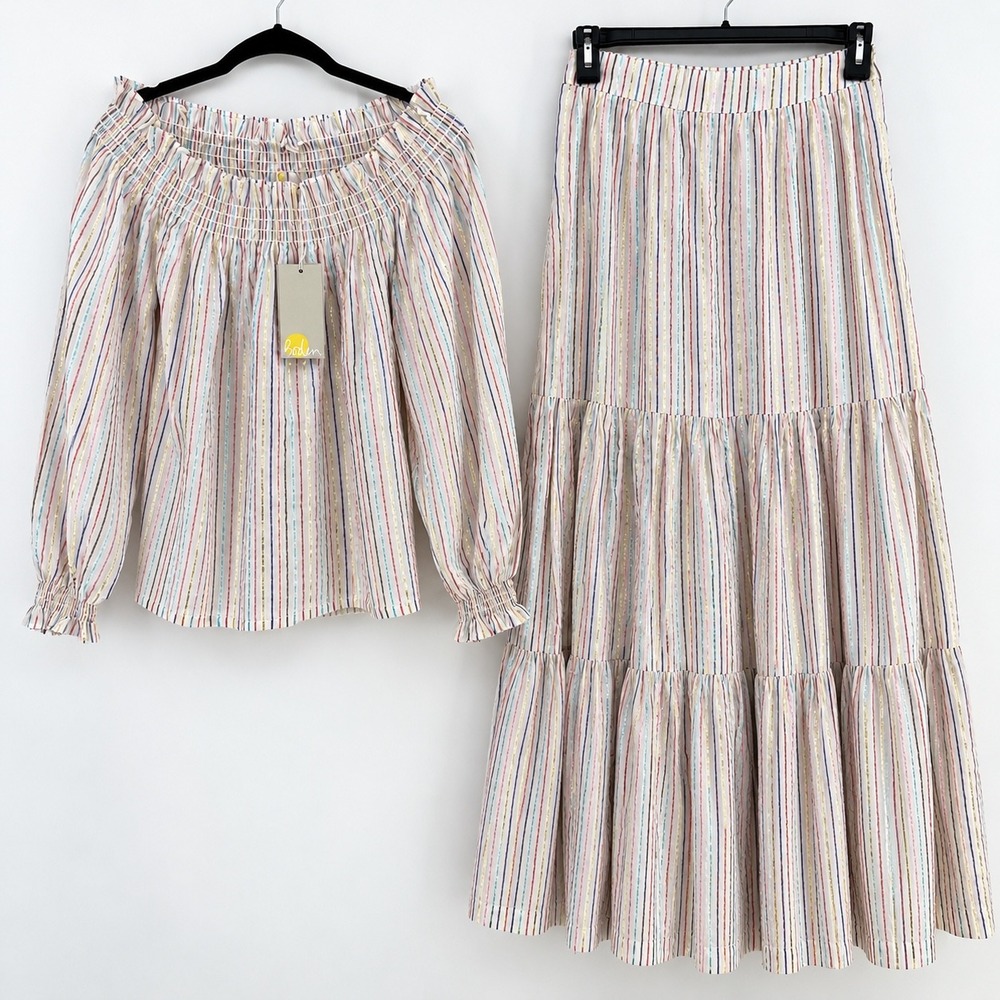 Boden Women's Sz 4 Multi Lurex Metallic Stripe Blouse Maxi Skirt 2 Piece Set NWT